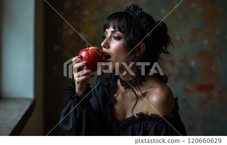 A woman in dark, elegant clothing poses with an enticing apple, radiating mystery and allure that captivates 120660629