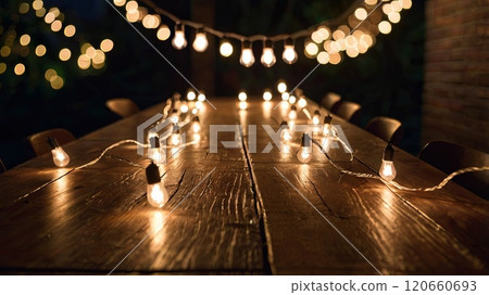 A long wooden table is illuminated by warm string lights, fostering a cozy and inviting environment for evening gatherings outdoors, surrounded by lush greenery. 120660693