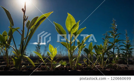 In a garden bathed in sunlight, fresh green plants thrive, stretching towards the warmth, while the blue sky serves as a vibrant backdrop to their growth. 120660699