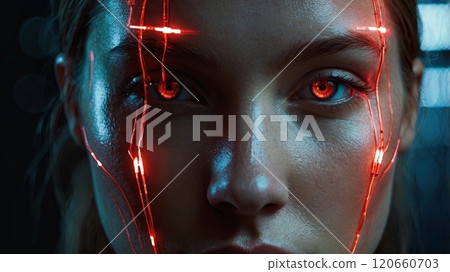 A young woman gazes directly at the camera, her eyes glowing red and adorned with intricate LED patterns, set against a dark, tech-inspired backdrop. 120660703