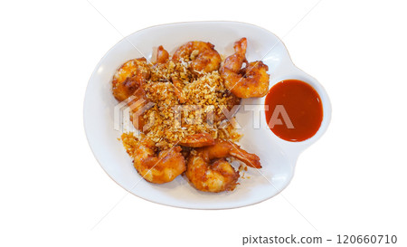 Garlic Butter Shrimp with Dipping Sauce. Suitable for showcasing a flavorful seafood appetizer in culinary presentations 120660710