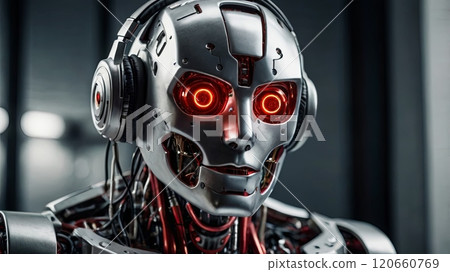 This advanced humanoid robot features metallic skin and glowing red eyes, wearing headphones, and is set against a sleek, modern backdrop. This advanced humanoid robot features metallic skin and glowing red eyes, wearing headphones, and is set against a sleek, modern backdrop. 120660769