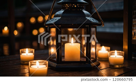 A lantern with a glowing candle shines softly, surrounded by smaller candles on a wooden table. The warm light enhances the tranquil ambiance of the outdoor space at night. 120660795