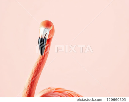 A minimalist depiction of a flamingo on a light pastel background, focusing on its slender neck and serene posture. High quality illustration 120660803