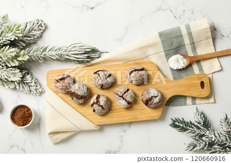 Delicious Grinkle cookies on a wooden board. 120660916