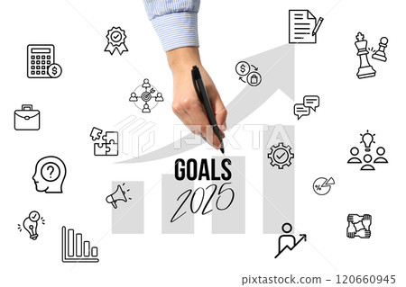 Goals 2025, hands of colleagues on a light office table, planning. 120660945