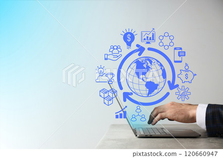 Goals 2025, the planet in the hands of a man, on a dark background. 120660947