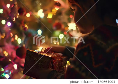 Child Opening Gift Under Christmas Tree Lights 120661003