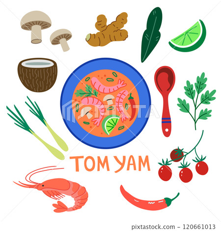 Tom yam soup, tom yum. Traditional Thai food, top view of meal and ingredients. Illustration in colorful trendy style. Tom yam soup, tom yum. Traditional Thai food, top view of meal and ingredients. Illustration in colorful trendy style. 120661013
