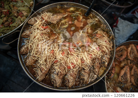 Silver fish with sour pickles mustard and ginger with Chinese style soup. Silver fish with sour pickles mustard and ginger with Chinese style soup. 120661226