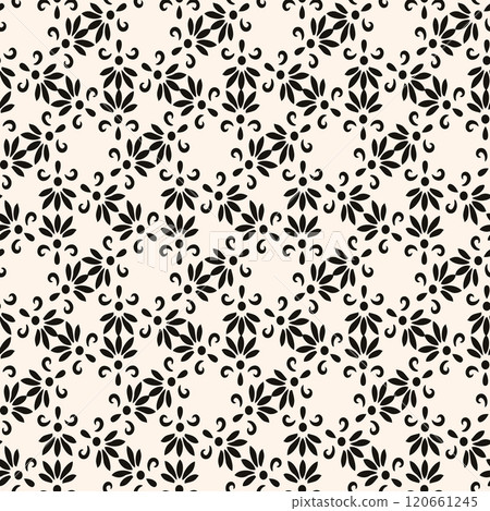 Simple minimalist floral pattern. Minimal seamless texture with small flower shapes. Abstract black and white geometric background. For print, package Simple minimalist floral pattern. Minimal seamless texture with small flower shapes. Abstract black and white geometric background. For print, package 120661245