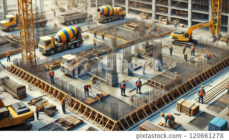 Vibrant urban construction site and workers teamwork 120661278