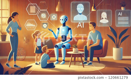 A futuristic smart home life scene where AI robots interact with family members 120661279