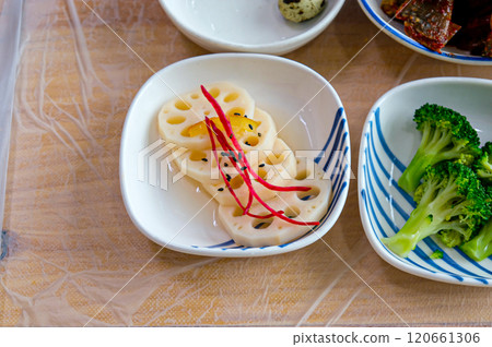 Korean style side dishes. a lotus root salad 120661306