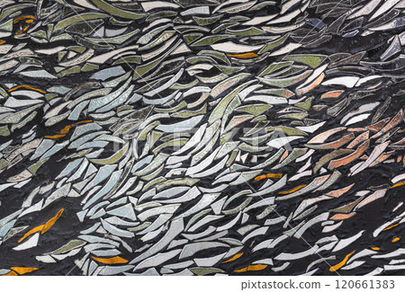 The walls are decorated with colorful Stained glass scraps mosaic. 120661383