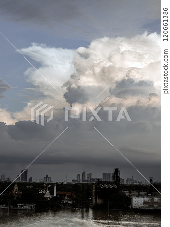 Amazing Clouds and Sky over view of Bang kachao with the Chao Phraya River before sunset. Amazing Clouds and Sky over view of Bang kachao with the Chao Phraya River before sunset. 120661386