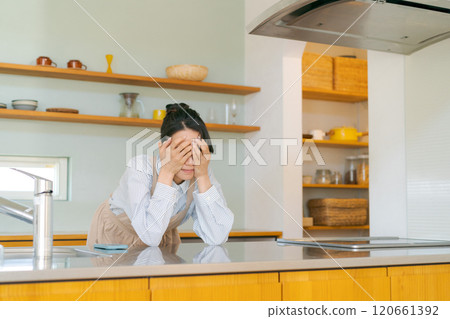 Depressed woman in the kitchen Depressed woman in the kitchen 120661392