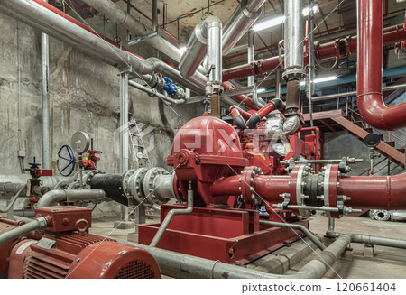 Fire protection system of Condominium. Red generator pump for water sprinkler piping and Fire alarm control system. Fire protection system of Condominium. Red generator pump for water sprinkler piping and Fire alarm control system. 120661404
