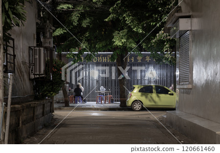 People eating at street tables in Bangkok at night. Street food restaurant. Space for text, People eating at street tables in Bangkok at night. Street food restaurant. Space for text, 120661460