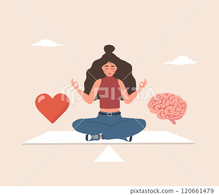 Brain and Heart Balance. Wellness concept. Young woman choosing between Feelings and Mind. Flat design. Vector illustration in cartoon style Brain and Heart Balance. Wellness concept. Young woman choosing between Feelings and Mind. Flat design. Vector illustration in cartoon style 120661479