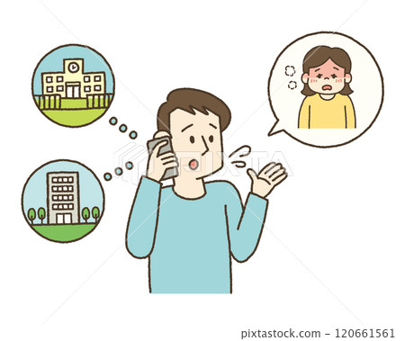 一位父親因孩子生病而從學校和工作中打電話回家的插圖 120661561