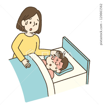 媽媽照顧高燒孩子的插畫 120661562