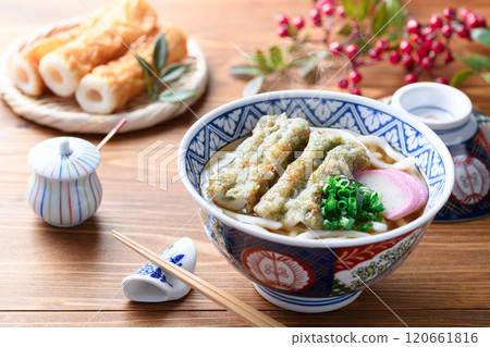 Deep-fried udon noodles with chikuwa and seaweed Deep-fried udon noodles with chikuwa and seaweed 120661816