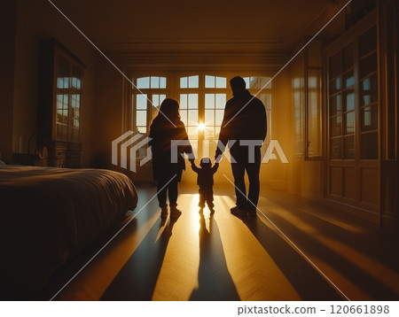 Family holding hands in a sunlit room with warm evening light 120661898