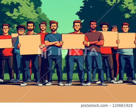Group of Protesters Holding Blank Signs in Park 120661928