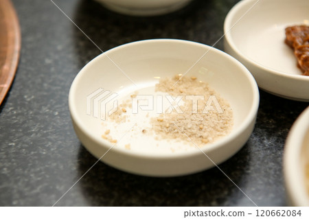 salt on a plate. Korean BBQ salt 120662084