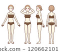 Full-body female model in paper bra and paper panties, front, side, back 120662101
