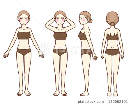 Full-body female model in paper bra and paper panties, front, side, back 120662101