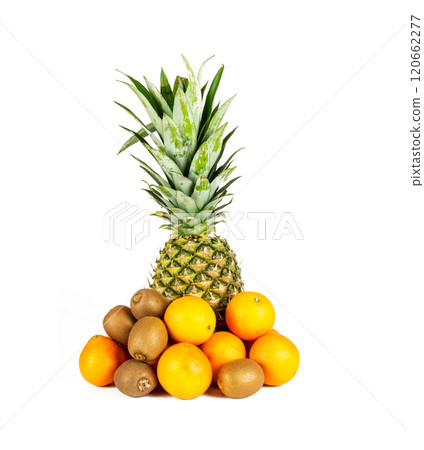 Several tropical fruits lie in a group on a white background 120662277