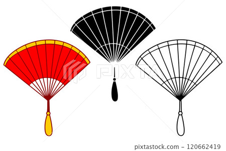 Hand fan simple icon set. Flat style, red and black shapes isolated on a white background. 120662419