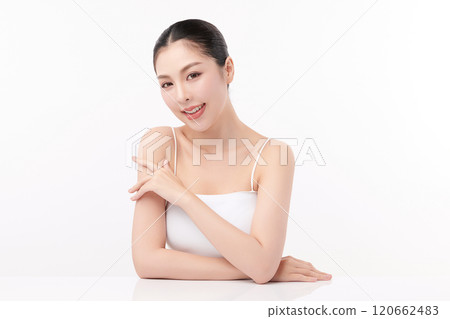 Beautiful young asian woman with clean fresh skin on white background, Face care, Facial treatment, Cosmetology, beauty and spa, Asian women portrait. 120662483