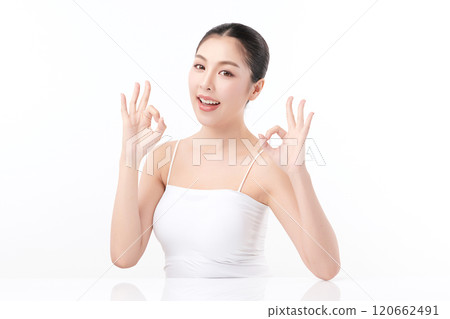 Beautiful young asian woman with clean fresh skin on white background, Face care, Facial treatment, Cosmetology, beauty and spa, Asian women portrait. Beautiful young asian woman with clean fresh skin on white background, Face care, Facial treatment, Cosmetology, beauty and spa, Asian women portrait. 120662491