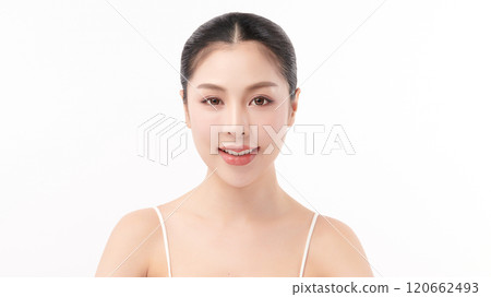 Beautiful young asian woman with clean fresh skin on white background, Face care, Facial treatment, Cosmetology, beauty and spa, Asian women portrait. 120662493