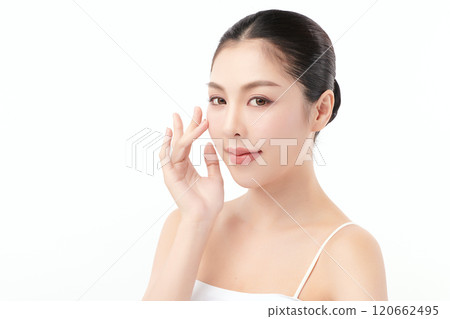 Beautiful young asian woman with clean fresh skin on white background, Face care, Facial treatment, Cosmetology, beauty and spa, Asian women portrait. Beautiful young asian woman with clean fresh skin on white background, Face care, Facial treatment, Cosmetology, beauty and spa, Asian women portrait. 120662495