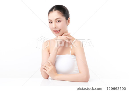 Beautiful young asian woman with clean fresh skin on white background, Face care, Facial treatment, Cosmetology, beauty and spa, Asian women portrait. 120662500