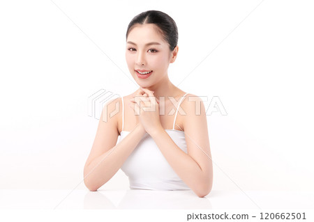 Beautiful young asian woman with clean fresh skin on white background, Face care, Facial treatment, Cosmetology, beauty and spa, Asian women portrait. Beautiful young asian woman with clean fresh skin on white background, Face care, Facial treatment, Cosmetology, beauty and spa, Asian women portrait. 120662501