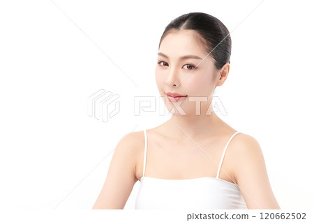 Beautiful young asian woman with clean fresh skin on white background, Face care, Facial treatment, Cosmetology, beauty and spa, Asian women portrait. Beautiful young asian woman with clean fresh skin on white background, Face care, Facial treatment, Cosmetology, beauty and spa, Asian women portrait. 120662502