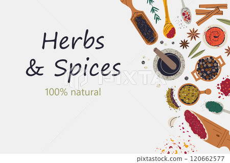 Vector illustration of flat herbs and spices, banner or poster. Natural, organic seasoning composition with colorful spices, mortar, pestle, and decorative design. Perfect for cover or branding 120662577