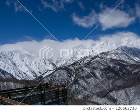 Clear skies and the Northern Alps in midwinter, Hakuba Village, Nagano Prefecture 120662730