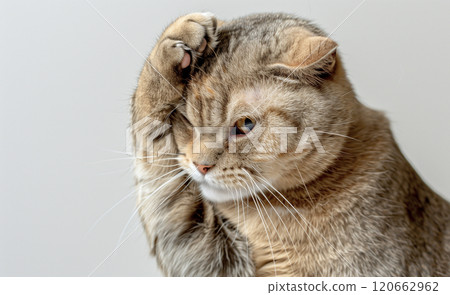 蘇格蘭折耳貓抱著頭 120662962