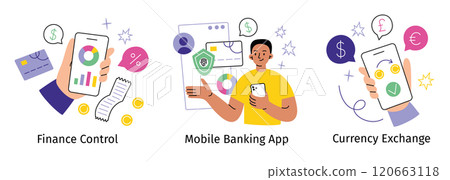 Vector illustration of finance mobile app concepts, finance control, mobile banking, and currency exchange. Flat modern style with cartoon characters and colorful doodles of smartphones, coins icons Vector illustration of finance mobile app concepts, finance control, mobile banking, and currency exchange. Flat modern style with cartoon characters and colorful doodles of smartphones, coins icons 120663118