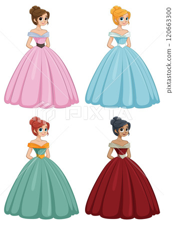 Elegant Princesses in Colorful Gowns Elegant Princesses in Colorful Gowns 120663300