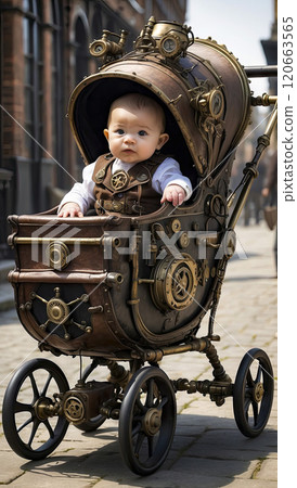 baby in a stylish steampunk stroller on the street. steampunk universe. high quality illustration 120663565
