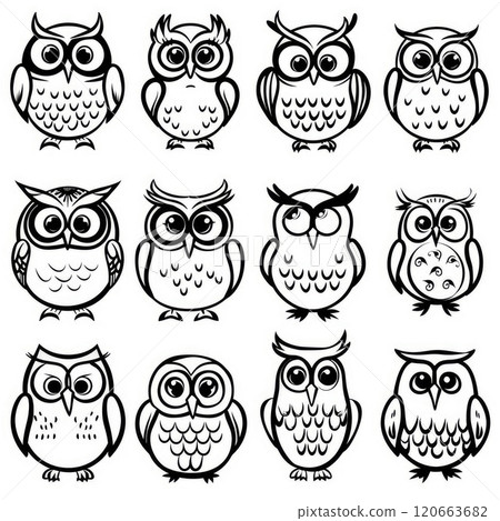 Cute funny owls set. Line art baby character illustration. Coloring book for kids 120663682