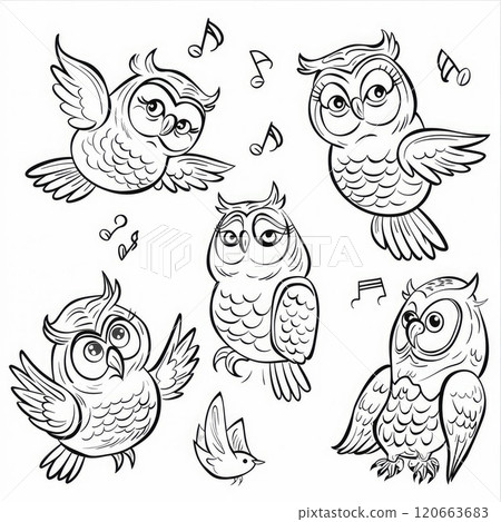 Cute funny owl set. Line art baby character illustration. Coloring book for kids 120663683