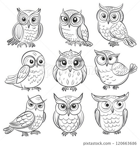 Cute funny owls set. Line art baby character illustration. Coloring book for kids Cute funny owls set. Line art baby character illustration. Coloring book for kids 120663686